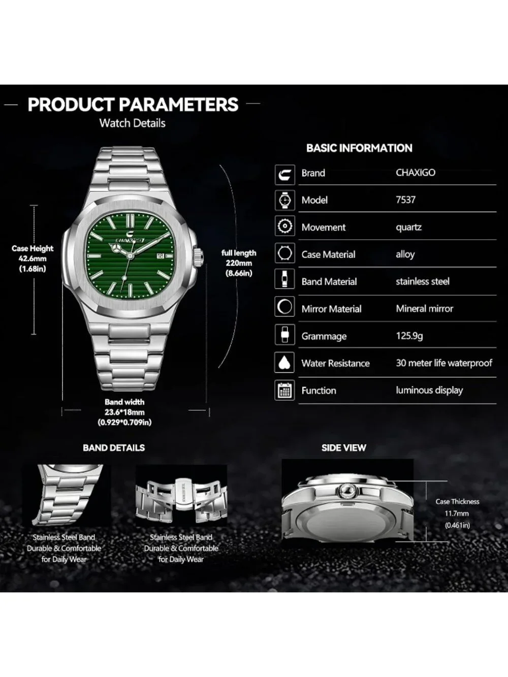 Men's Silver Green Alloy Material Waterproof Quartz Sports Sports Wrist Watches